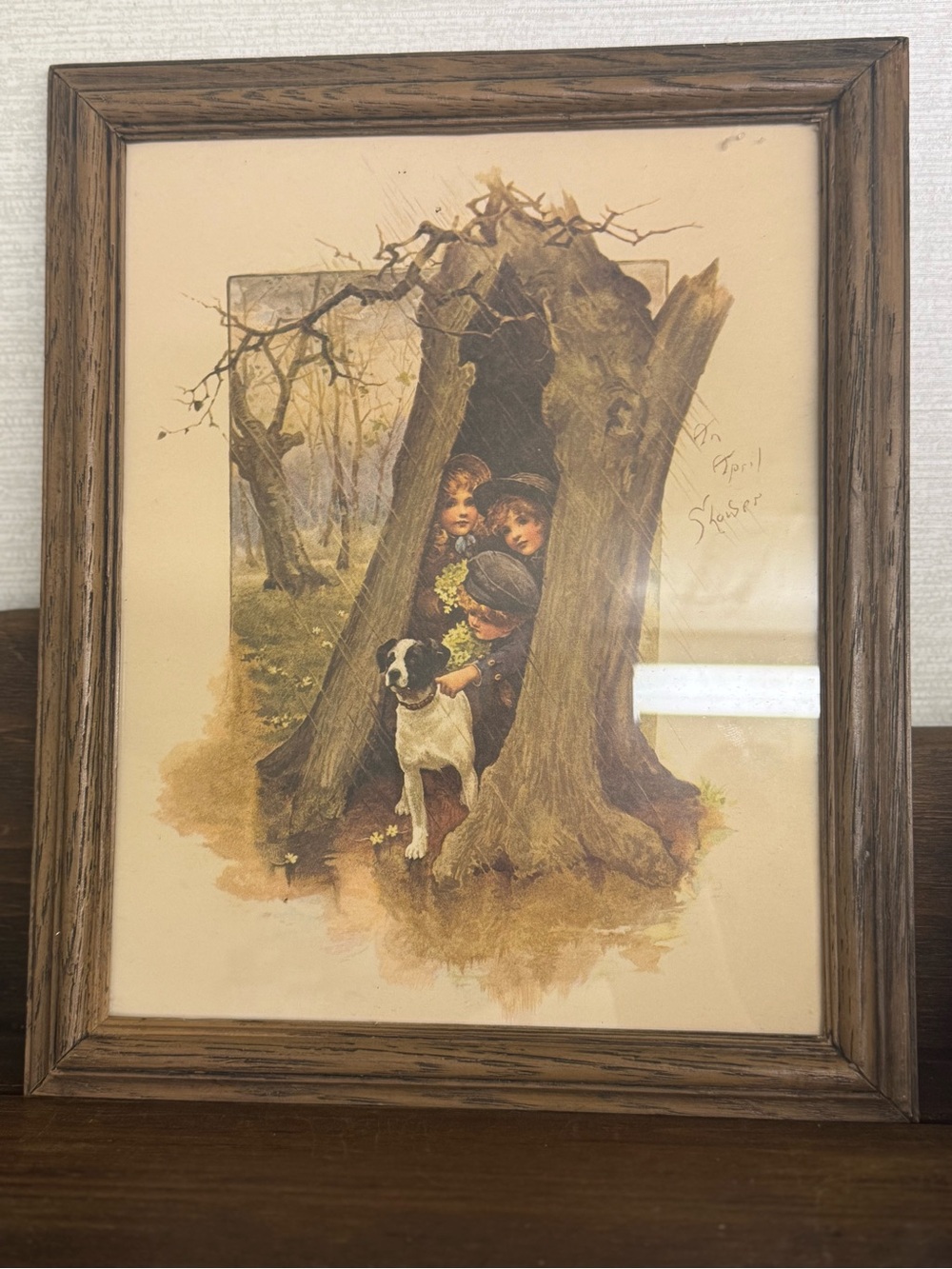 Vintage Illustration Print of Children and Dog in Tree Stump